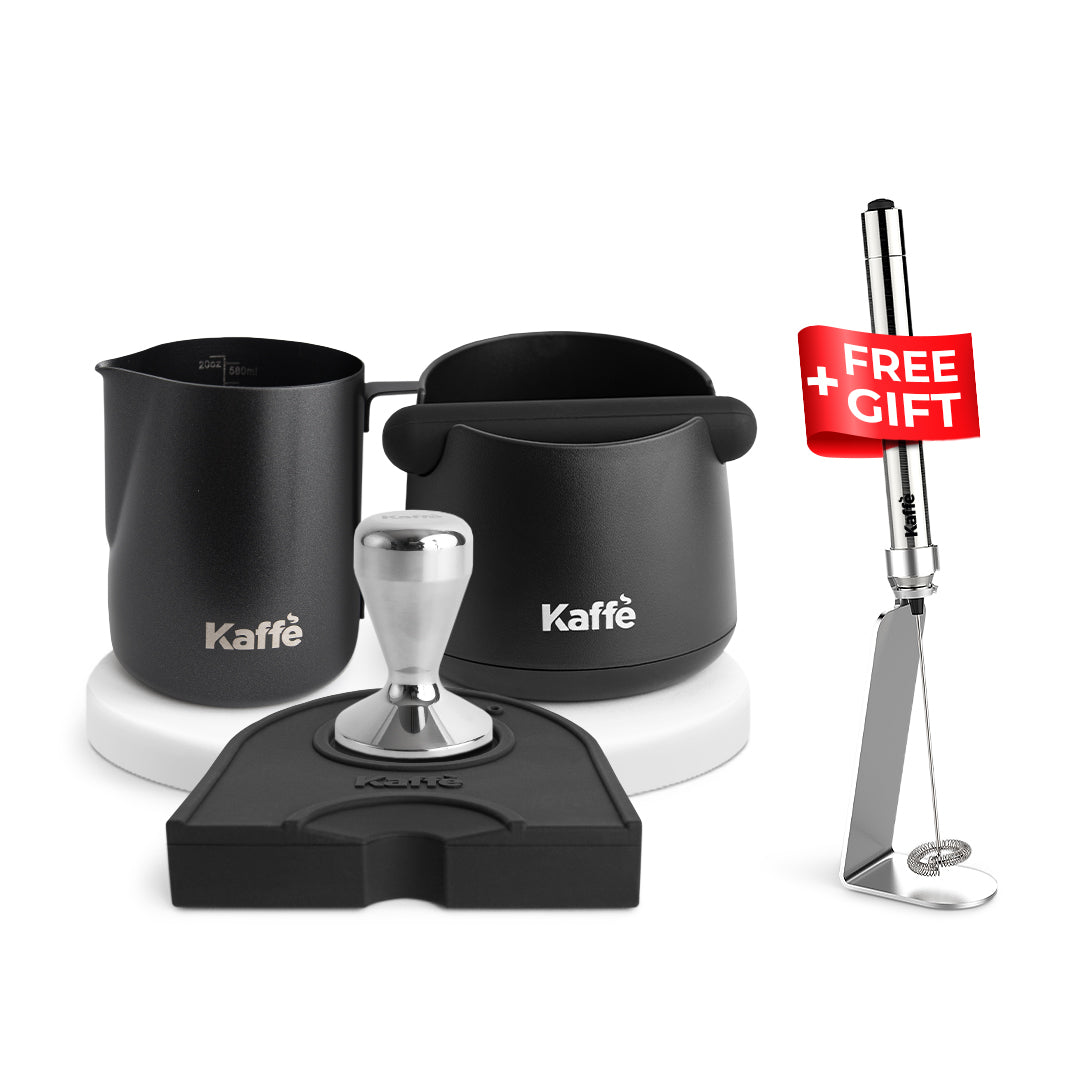 Barista Essentials Espresso Bundle – 51mm Tamper, Tamping Mat, Knock Box, 20oz Frothing Pitcher + FREE Milk Frother
