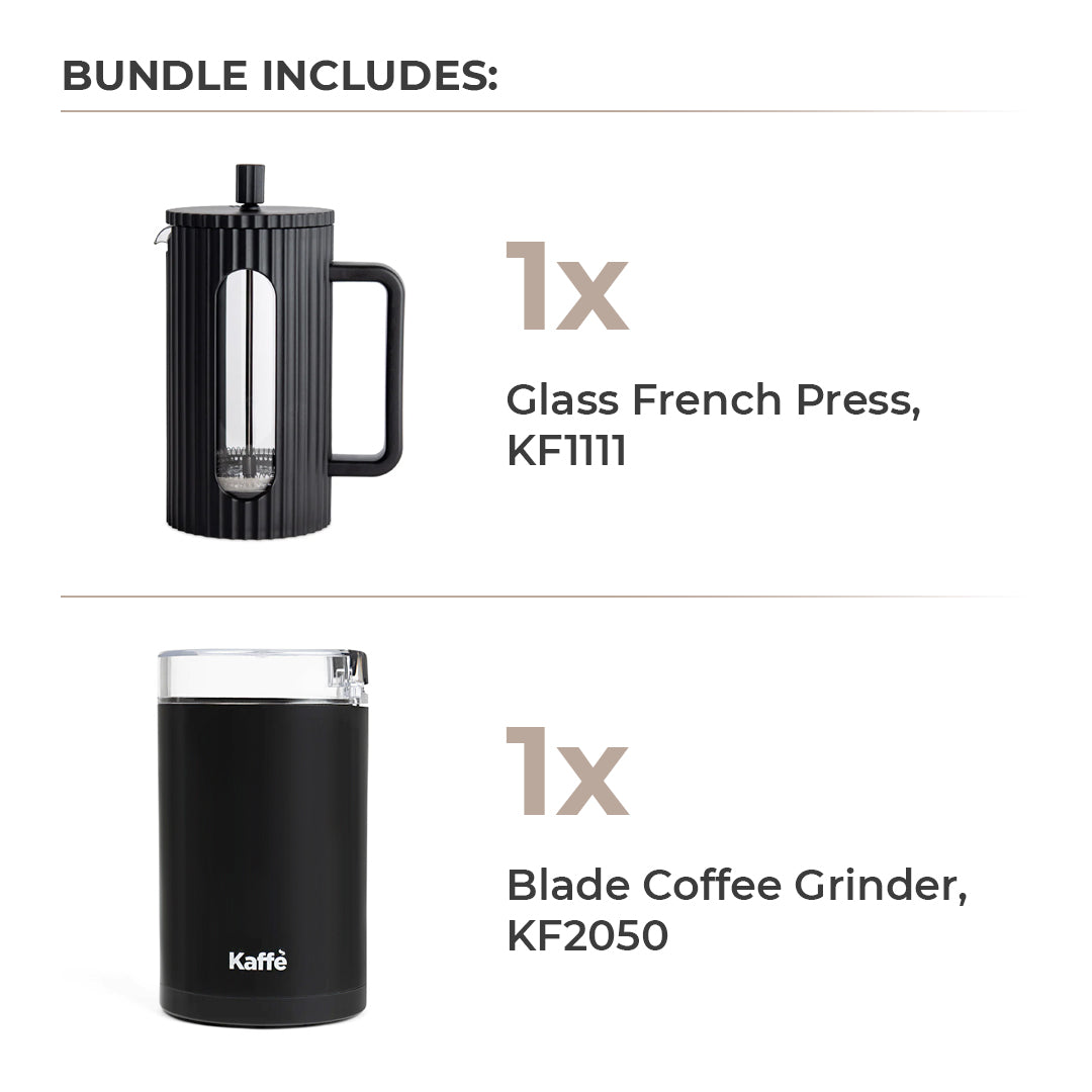 Glass French Press & Blade Coffee Grinder Set - 34oz Borocillicate Press + 3.5oz Grinder