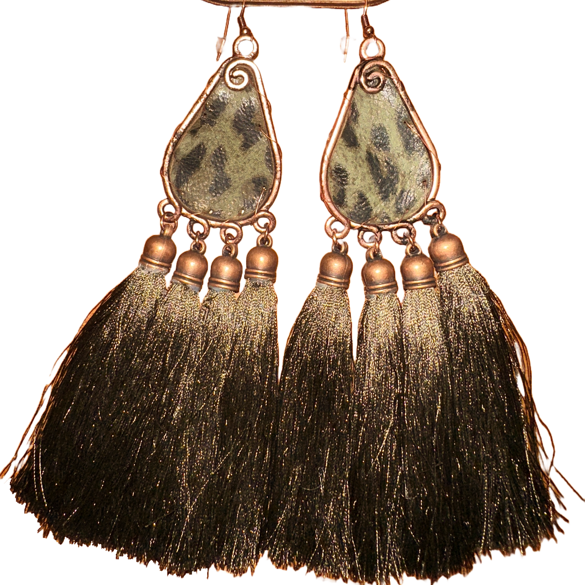 Leather Leopard and Tassel Earrings - Olive