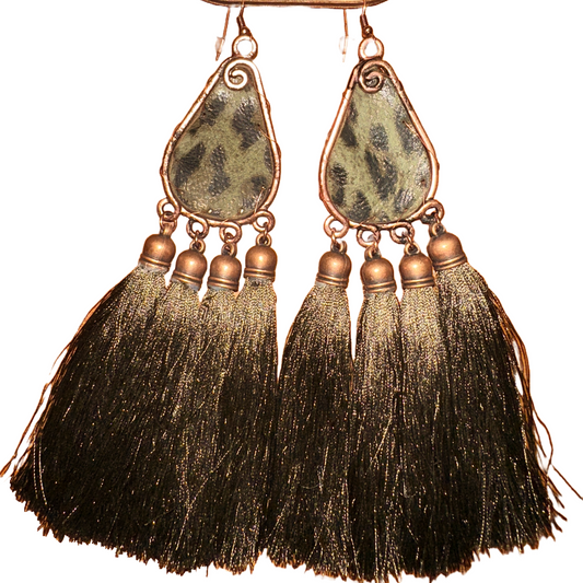 Leather Leopard and Tassel Earrings - Olive