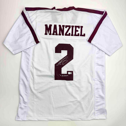 Autographed/Signed Johnny Manziel 12 Heisman Texas A&M White College Football Jersey JSA COA
