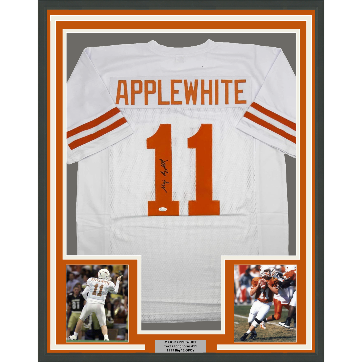 Framed Autographed/Signed Major Applewhite 35x39 Texas White College Football Jersey JSA COA