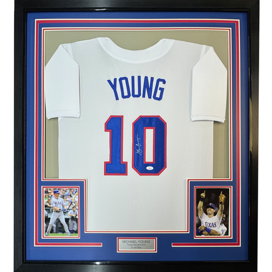 Framed Autographed/Signed Michael Young 35x39 Texas White Baseball Jersey JSA COA