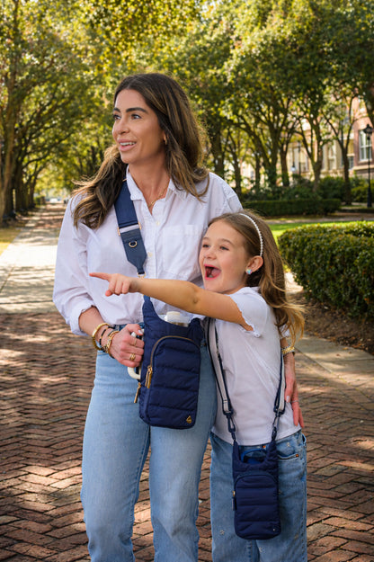 HydroBag® Mini for Kids- Navy Blue Matte-Quilted Crossbody Water Bottle Bag
