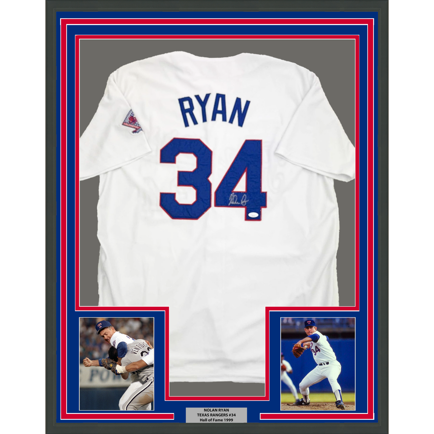 Framed Autographed/Signed Nolan Ryan 35x39 Texas Rangers White Baseball Jersey JSA COA