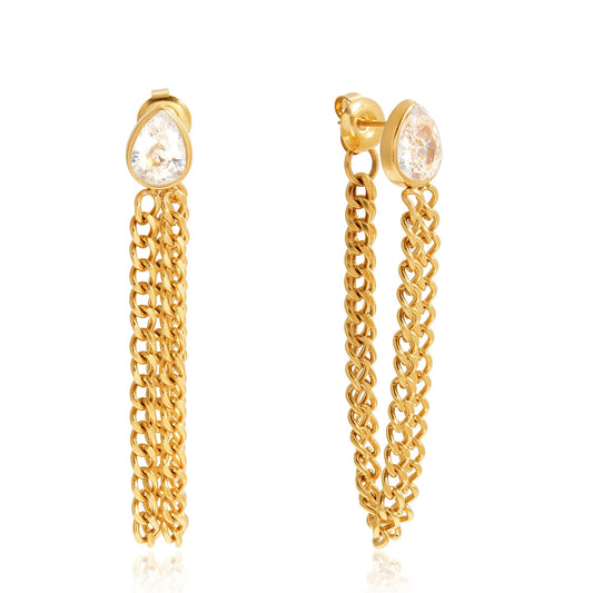 Gold Pear Crystal Chain Drop Earrings