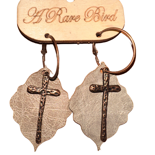 Scalloped Leather Cross Earrings