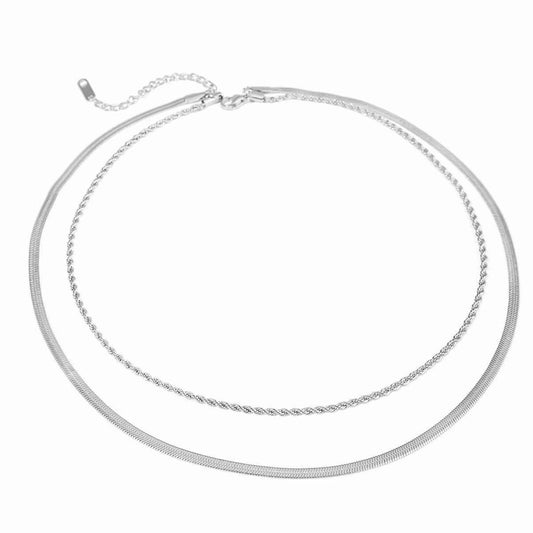 Silver Layering Herringbone & Rope Necklace - Waterproof