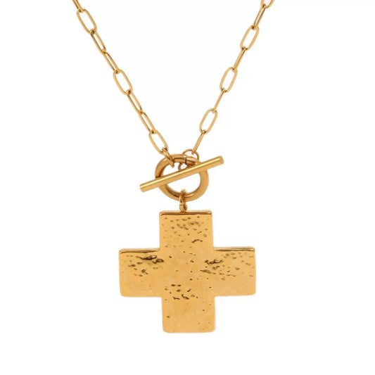 Textured Gold Plated Cross Toggle Necklace