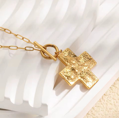 Textured Gold Plated Cross Toggle Necklace