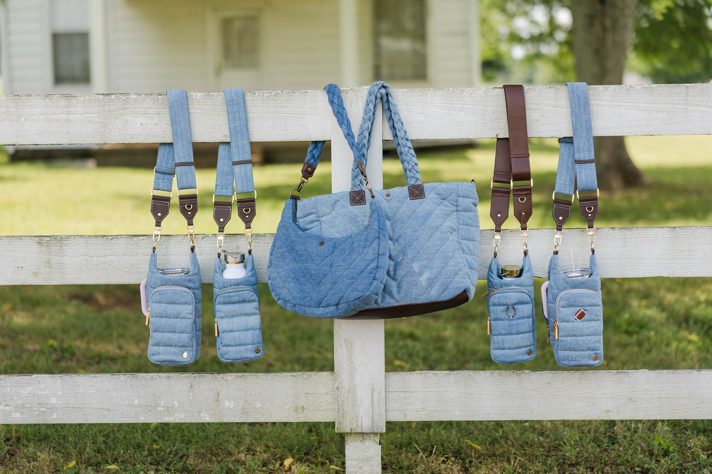 Denim HydroBag® with Horseshoe Embroidery and Denim overlaid Vegan Leather Strap and Gold hardware