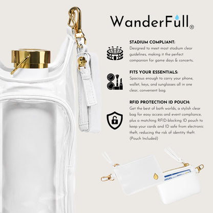 Clear HydroBag® Stadium with White Vegan Leather Trim and Matching RFID Pouch