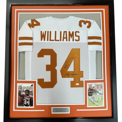 Framed Autographed/Signed Ricky Williams 35x39 1998 Heisman Texas Longhorns White Football Jersey JSA COA