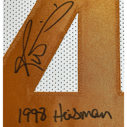 Framed Autographed/Signed Ricky Williams 35x39 1998 Heisman Texas Longhorns White Football Jersey JSA COA