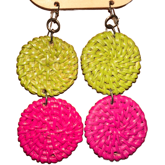 Woven Rattan Earrings - Lime and Pink
