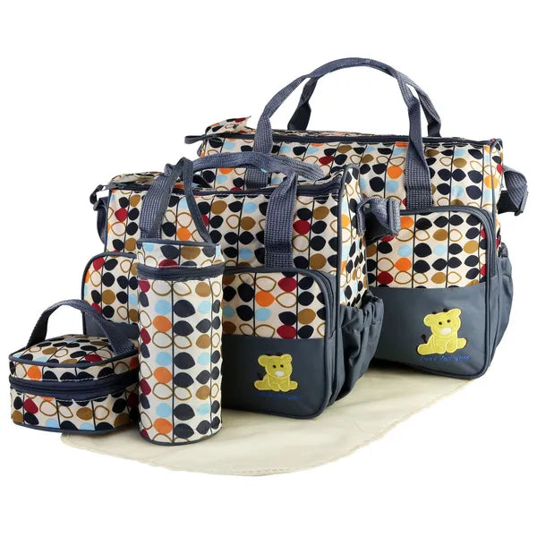 5‑Piece Baby Diaper Bag Set – Waterproof Nappy Tote with Changing Pad, Bottle Bag & Food Bag (Pink/Grey/Black/Blue)
