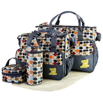 5‑Piece Baby Diaper Bag Set – Waterproof Nappy Tote with Changing Pad, Bottle Bag & Food Bag (Pink/Grey/Black/Blue)