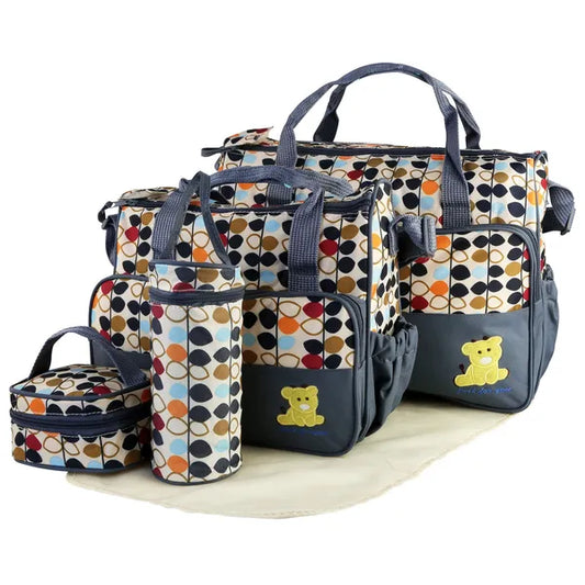 5‑Piece Baby Diaper Bag Set – Waterproof Nappy Tote with Changing Pad, Bottle Bag & Food Bag (Pink/Grey/Black/Blue)