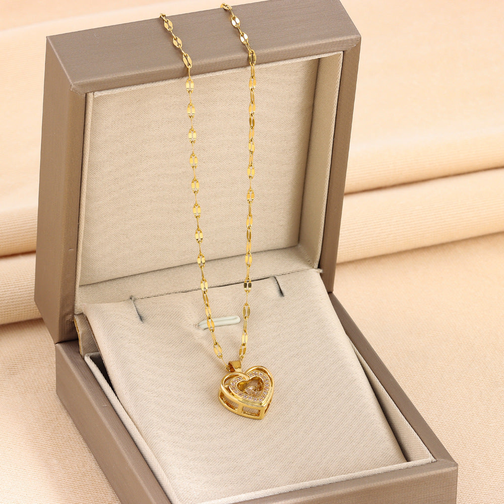 Double-layer Love Necklace With Rhinestones Titanium Steel Heart Pendant Fashion Jewelry Woman Valentines Day Gift
