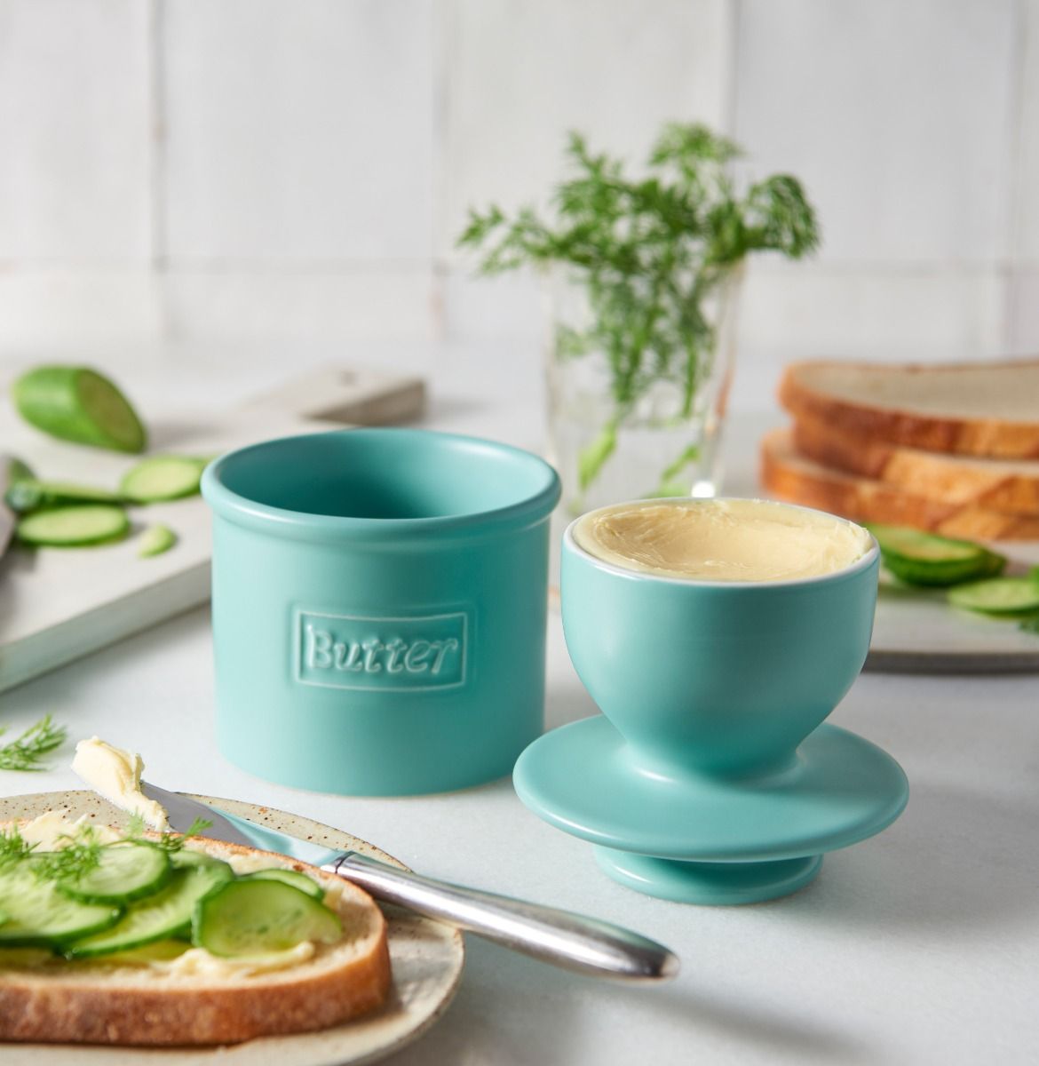 Matte Aqua Cafe Butter Bell Crock