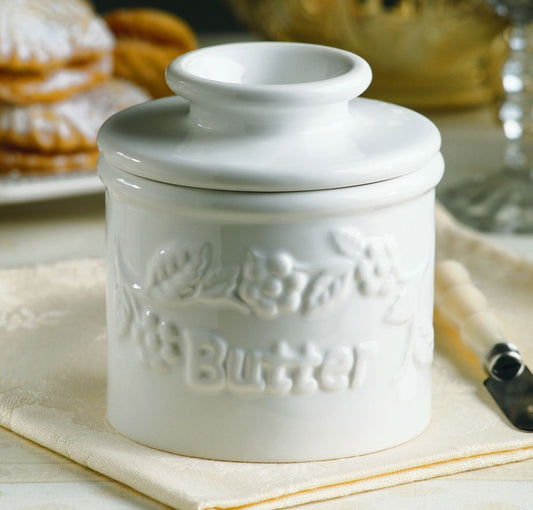 Classic White Raised Floral Butter Bell Crock