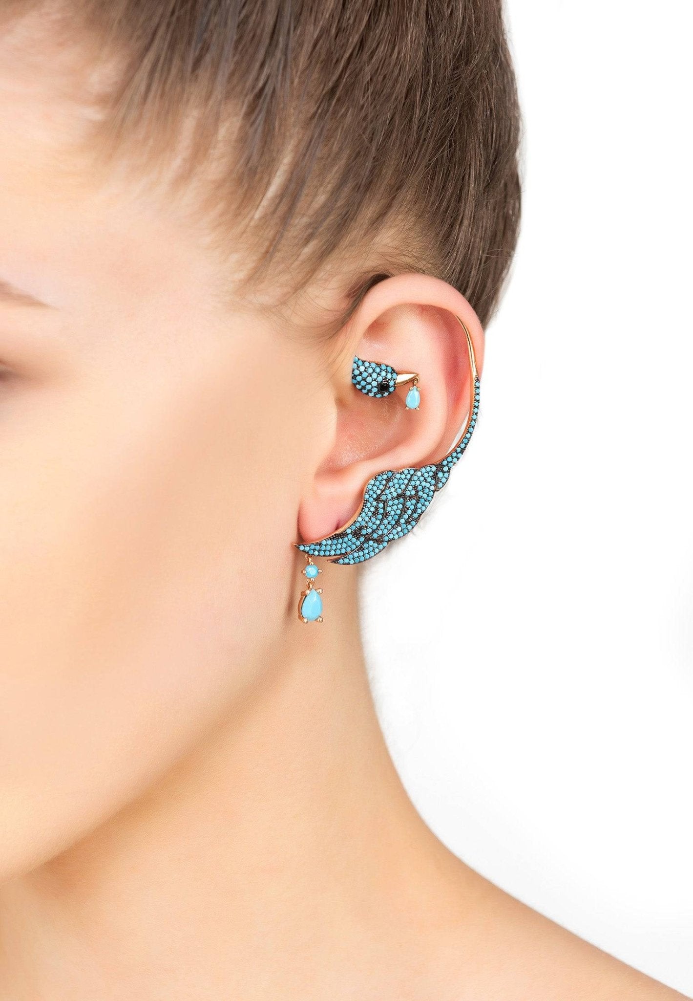 Bird of Paradise Ear Climber – Turquoise & Gold (Right Side)