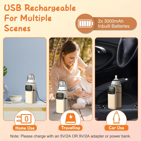 Portable Baby Bottle Warmer with Night Light – USB Rechargeable Milk & Formula Warmer for Home & Travel (6 Heating Levels)