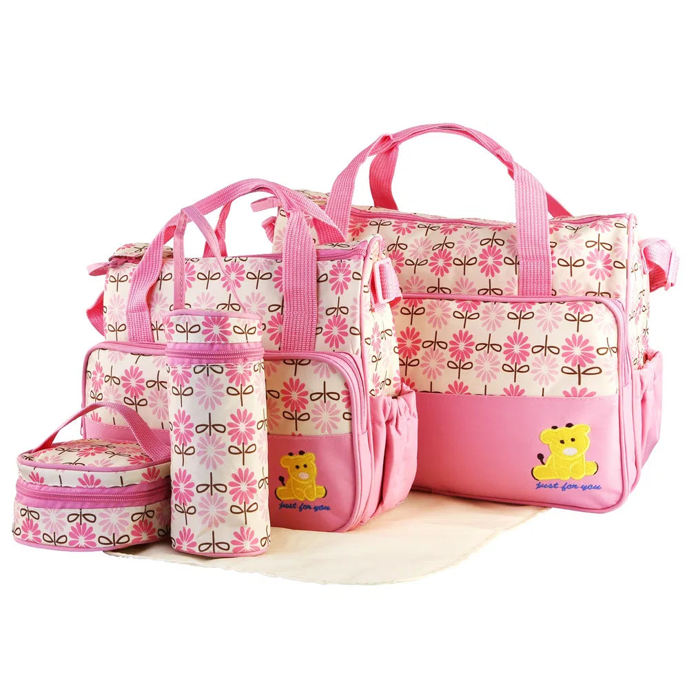 5‑Piece Baby Diaper Bag Set – Waterproof Nappy Tote with Changing Pad, Bottle Bag & Food Bag (Pink/Grey/Black/Blue)