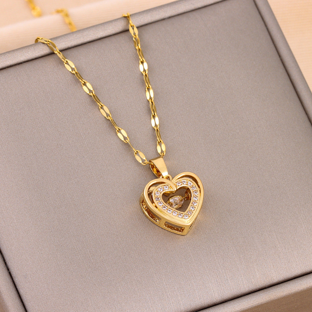 Double-layer Love Necklace With Rhinestones Titanium Steel Heart Pendant Fashion Jewelry Woman Valentines Day Gift
