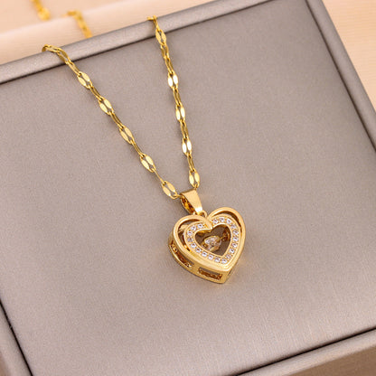 Double-layer Love Necklace With Rhinestones Titanium Steel Heart Pendant Fashion Jewelry Woman Valentines Day Gift