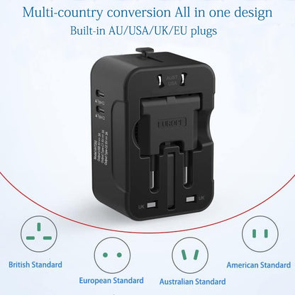 Universal Travel Adapter – Portable Worldwide All‑in‑One Plug Adapter with USB‑C &amp; 3 USB Ports