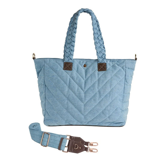 WanderFull® Denim Quilted HydroTote® | Patented Hands-Free Water Bottle Crossbody Tote