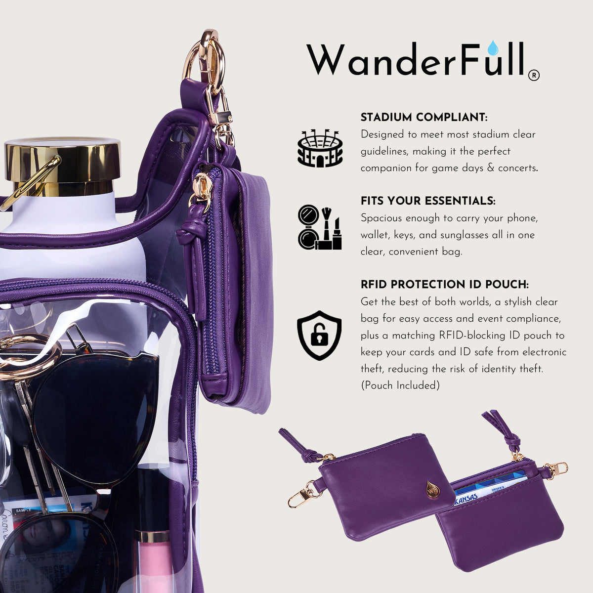 Clear HydroBag® Stadium with Purple Trim and Matching RFID Pouch