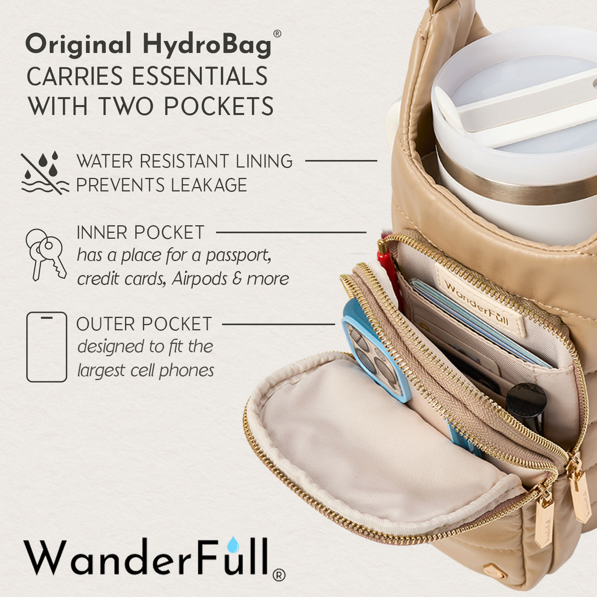 HydroBag® HANDLE®- Taupe Vegan Leather with Strap Bundle