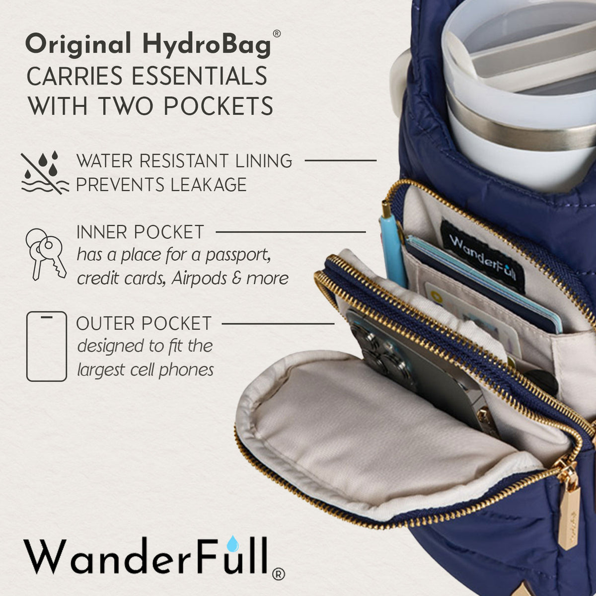 HydroBag® HANDLE®- Navy Matte with Solid Vegan Leather Strap