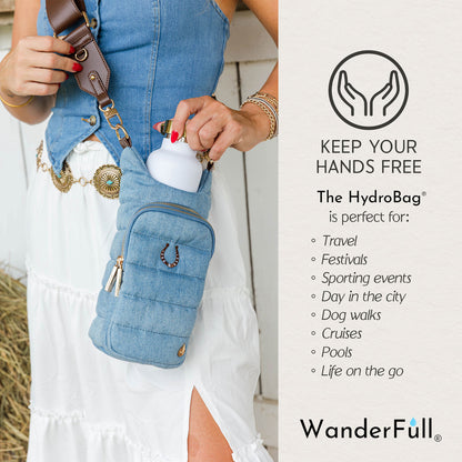 Denim HydroBag® with Horseshoe Embroidery and Denim overlaid Vegan Leather Strap and Gold hardware