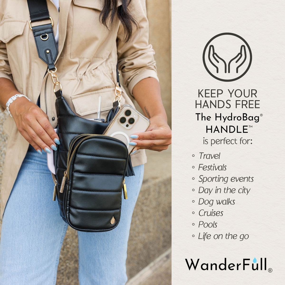 HydroBag® HANDLE®- Black Vegan Leather with Strap Bundle