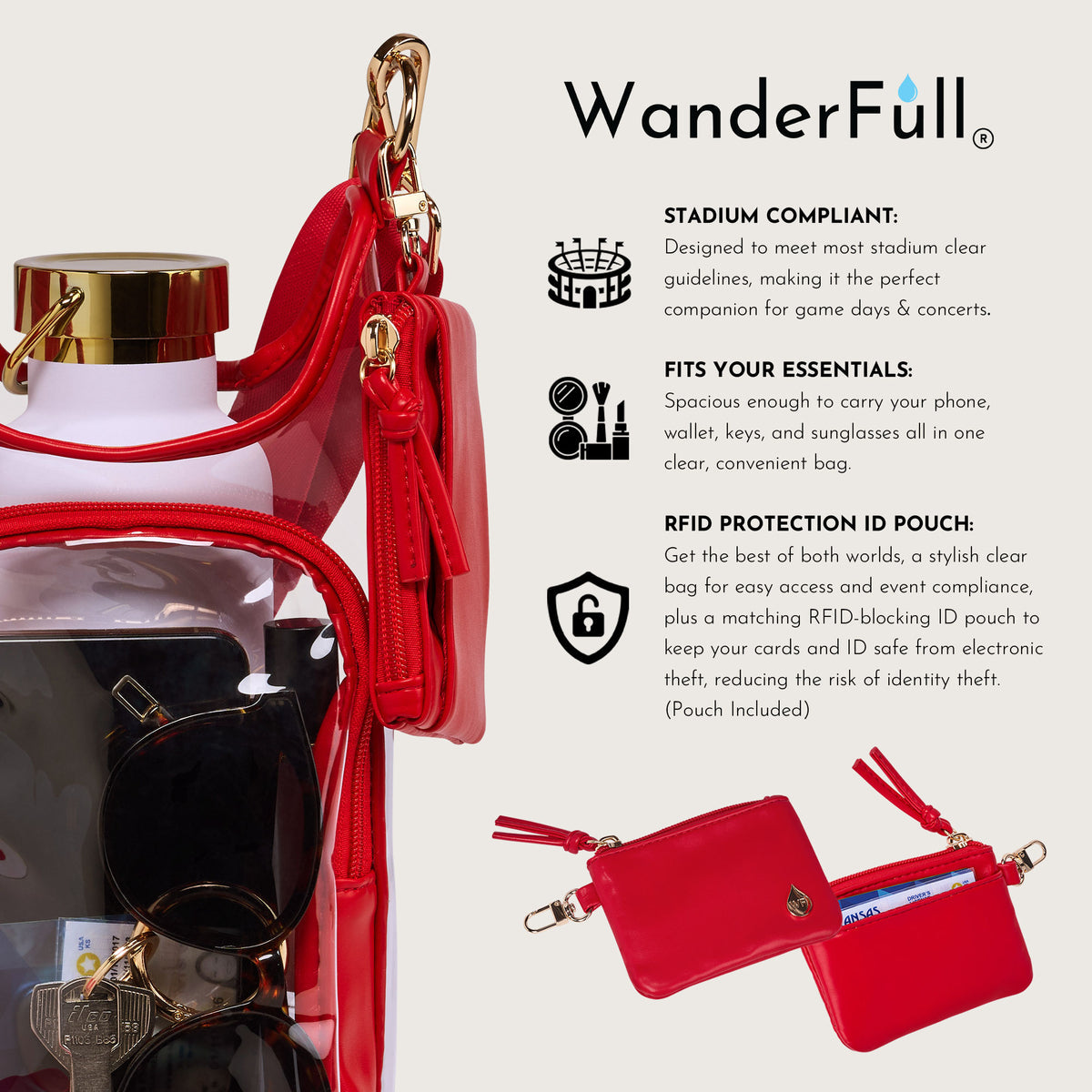 Clear HydroBag® Stadium with Red Trim and Matching RFID Pouch