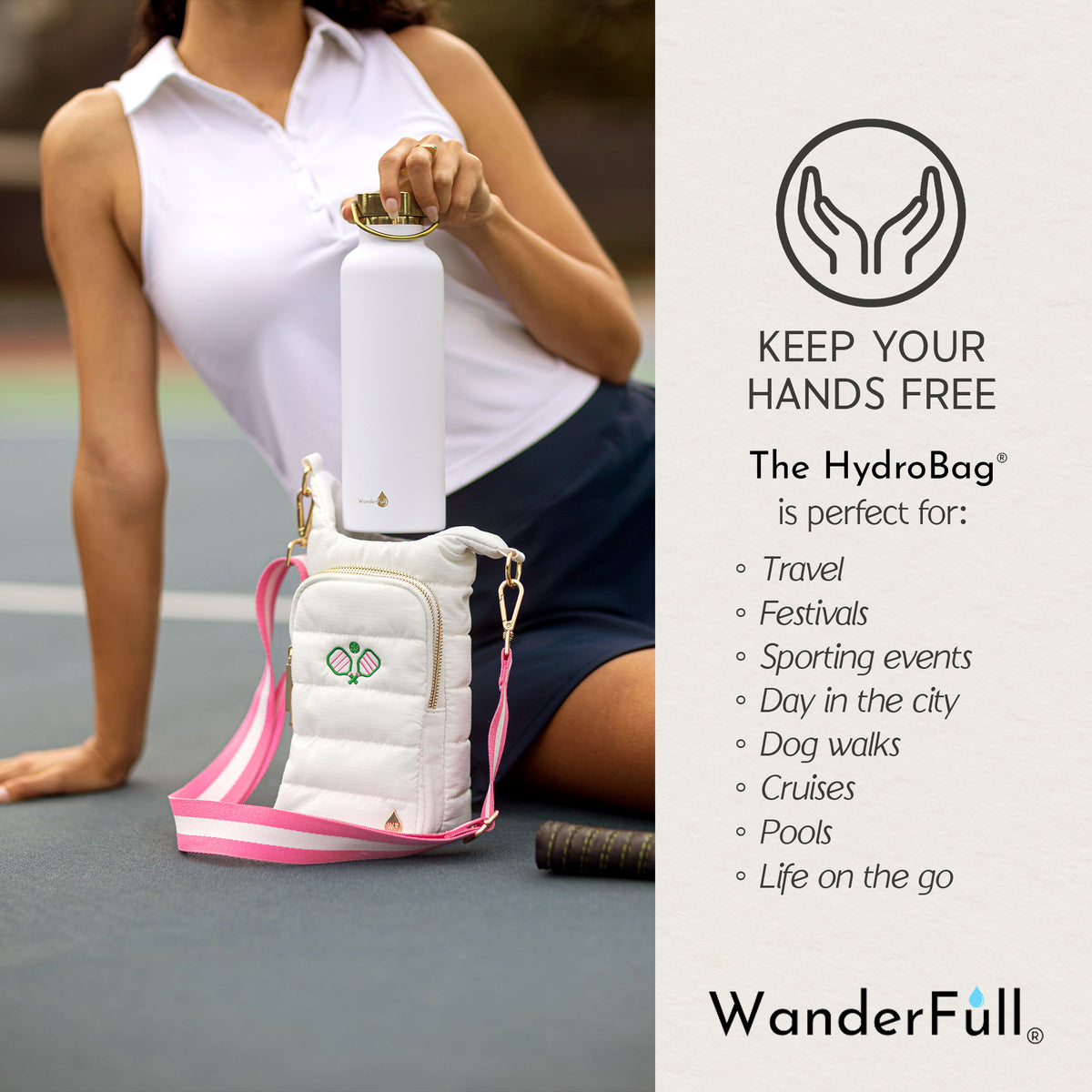 White HydroBag® with Pickleball Embroidery and Striped Strap