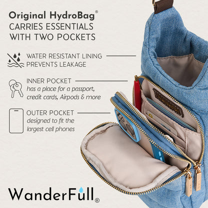 Denim HydroBag® with Horseshoe Embroidery and Denim overlaid Vegan Leather Strap and Gold hardware