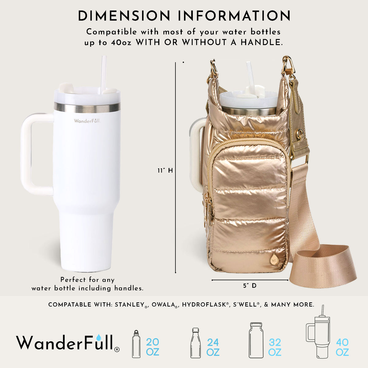 HydroBag® HANDLE®- Gold Shiny with Vegan Leather Trimmed Solid Strap