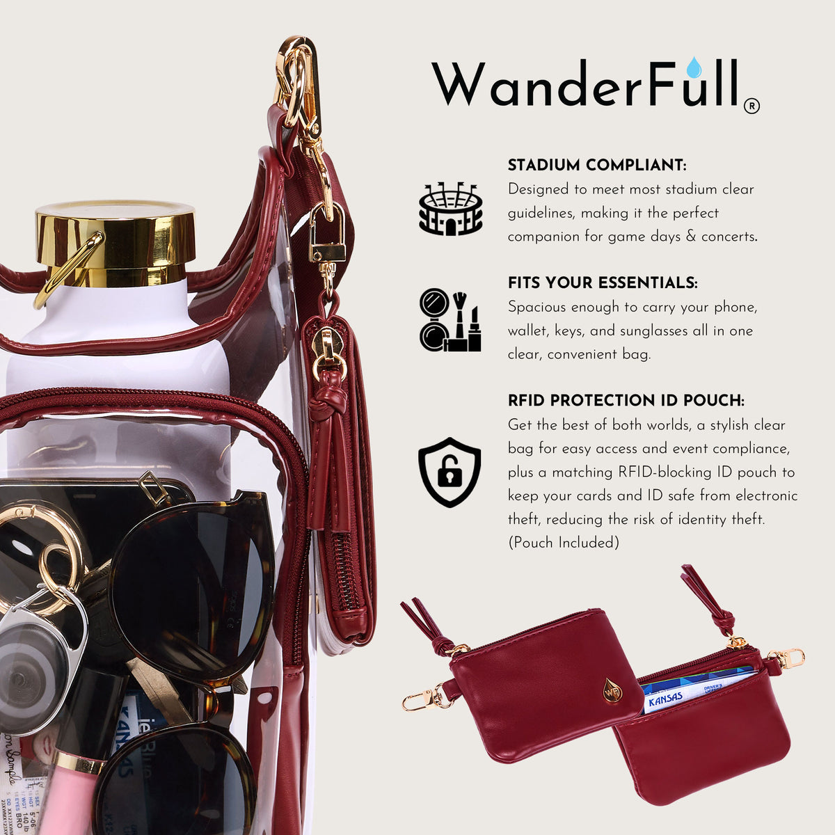 Clear HydroBag® Stadium with Maroon Trim and Matching RFID Pouch