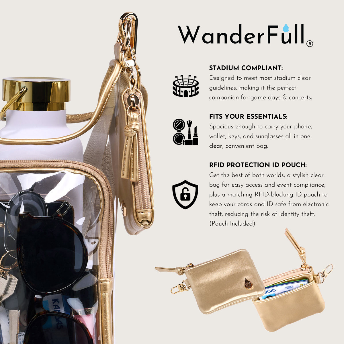 Clear HydroBag® Stadium with Gold Trim and Matching RFID Pouch