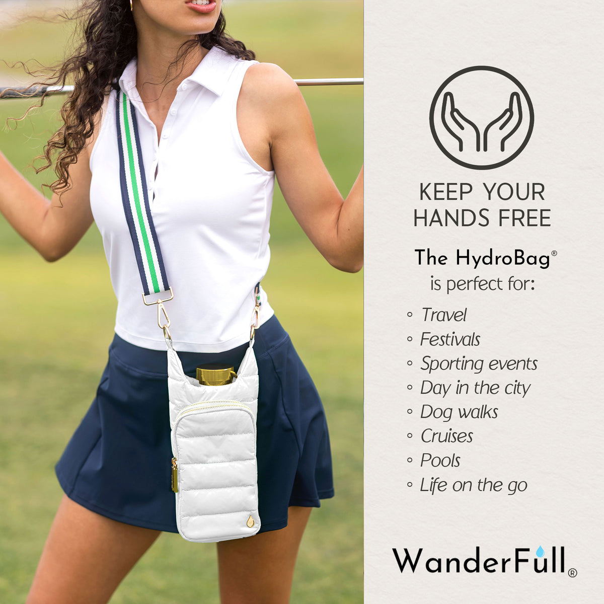 White Ripstop HydroBag® with White, Green, Navy Striped Strap