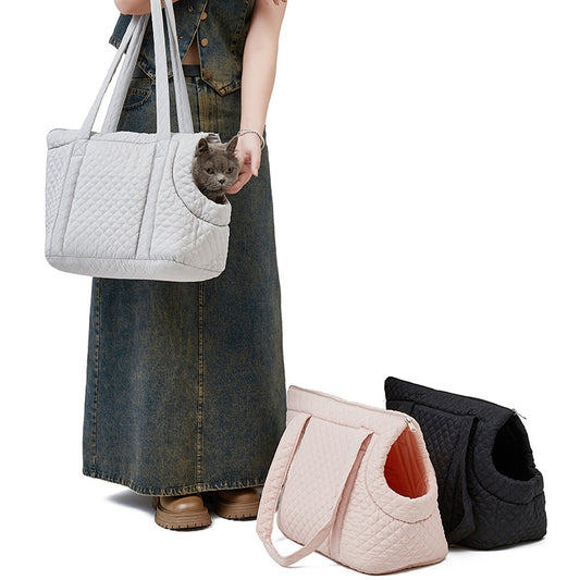 Quilted Pet Shoulder Bag – Korean Style Portable Travel Carrier