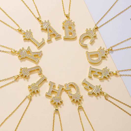 1PCS Fashionable Gold Zircon Uppercase Letter Popular Pendant Necklace Suitable For Daily Use Festivals Parties Gifts Jewelry Set