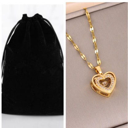 Double-layer Love Necklace With Rhinestones Titanium Steel Heart Pendant Fashion Jewelry Woman Valentines Day Gift