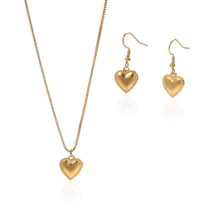 18K Gold Plated Stainless Steel Puffy Heart Pendant Necklace And Earrings Set For Women - Waterproof, Hypoallergenic, Cute Jewelry Gift For Birthday, Anniversary, Daily Wear, Summer Outfits