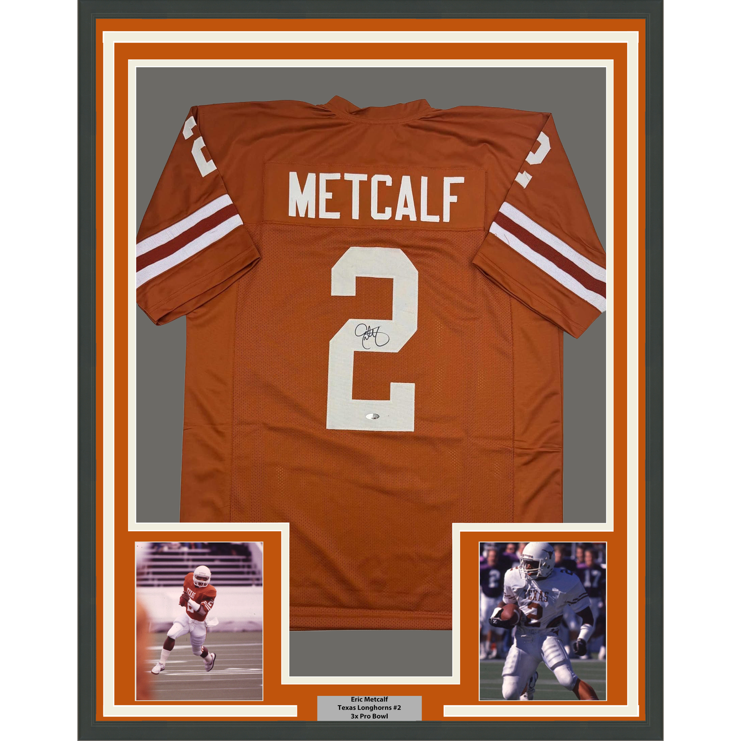 Framed Autographed/Signed Eric Metcalf 35x39 Texas Orange College Football Jersey Beckett BAS COA