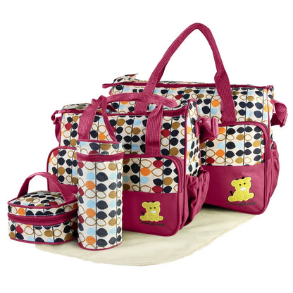 5‑Piece Baby Diaper Bag Set – Waterproof Nappy Tote with Changing Pad, Bottle Bag & Food Bag (Pink/Grey/Black/Blue)